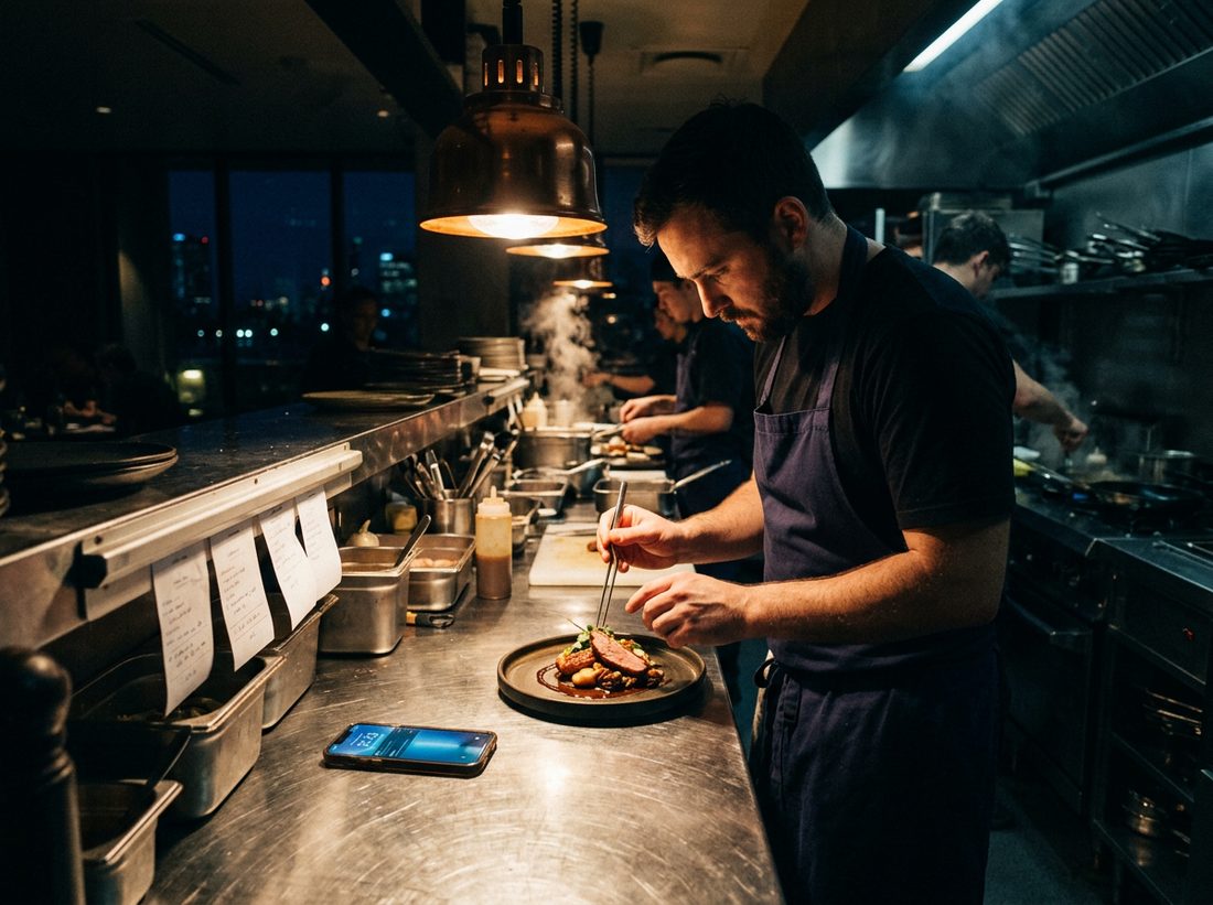A chef plating a dish at a restaurant pass late at night, phone lit on the counter