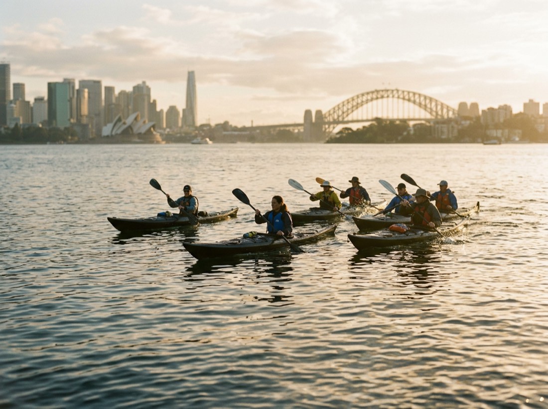 A guided sea kayaking group paddling on Sydney Harbour at sunrise